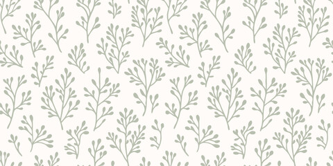 Fototapeta premium Vector floral seamless pattern. Green and white botanical ornament with simple flower branches, twigs, leaves, seaweeds, corals. Minimal natural organic background texture. Repeated all-over design