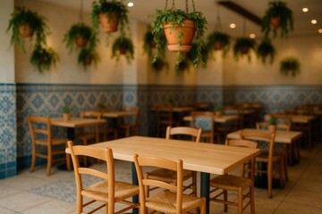 Obraz premium Cozy Mediterranean Restaurant Interior With Wooden Chairs, Hanging Plants, And Tiled Walls Creating A Warm Ambiance For Dining And Relaxation