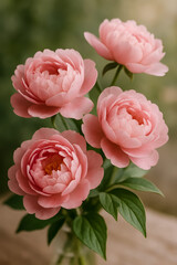 Beautiful pink peonies in a vase with green background