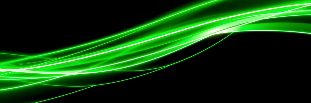 Dark abstract background with green neon glowing lines. Bold neon green light trails on a dark surface, creating a striking and futuristic effect. Perfect for tech, digital design themes - Powered by Adobe