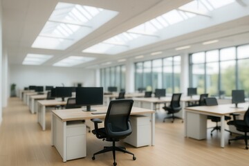 Interior of Modern Airy Office with Open Workspace Design and Natural Lighting Featuring Desks, Chairs, Computers, and Large Windows for a Contemporary Business Environment