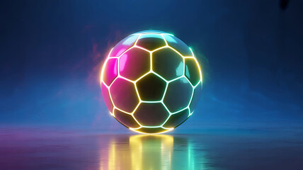 Naklejka premium Neon Soccer Ball Floating on Water A Stunning Display of Light and Reflection in a Dark Environment