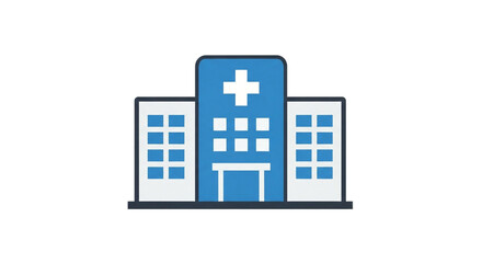 Simple icon depicting a modern hospital building with a prominent cross.