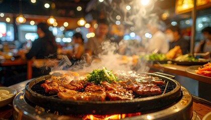 Lively Atmosphere of Korean BBQ Restaurant with Grilling Meat and Smoky Ambiance