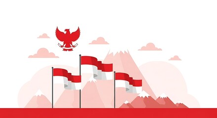 Indonesian flag with the Garuda Pancasila emblem, mountains, and clouds.