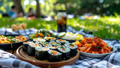 Vibrant Picnic Scene with Korean Kimbap and Snacks Surrounded by Nature
