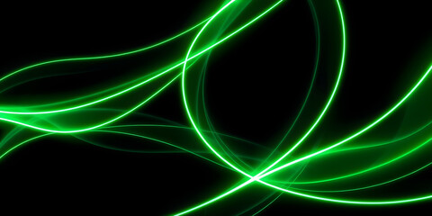 Obraz premium Dark abstract background with green neon glowing lines. Bold neon green light trails on a dark surface, creating a striking and futuristic effect. Perfect for tech, digital design themes