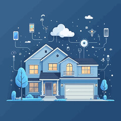 Smart home technology illustrated with a modern house connected to various devices.