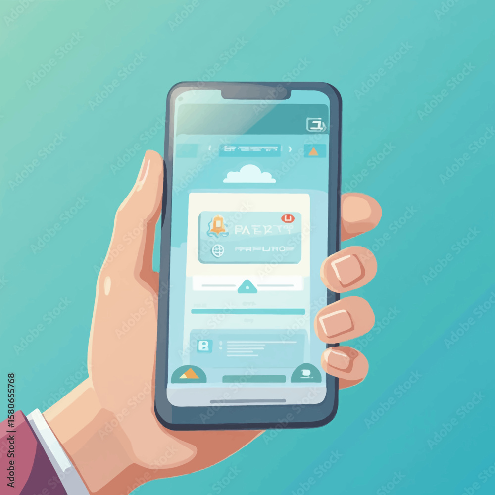 Poster Hand holding a smartphone displaying a user interface with cloud and data elements.