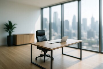 Fototapeta premium Modern Executive Office With City View, Large Windows, Minimalist Design, Elegant Workspace, Contemporary Furniture, Wooden Flooring, Natural Light, Urban Environment, Professional Atmosphere