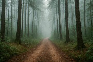 Obraz premium Misty forest path surrounded by tall trees and greenery