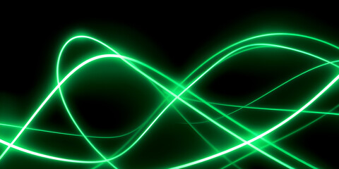 Dark abstract background with green neon glowing lines. Bold neon green light trails on a dark...