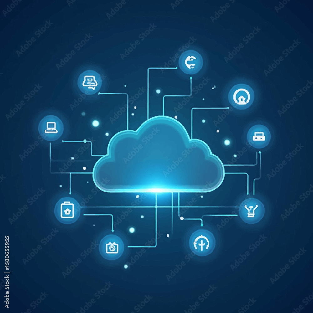 Poster cloud computing concept with glowing icons connected by lines, representing network and data storage