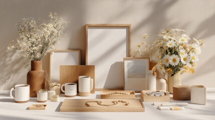 Elegant home decor display with wooden photo frames flower vases candles and decorative objects arranged on a beige surface with soft lighting