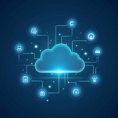 Cloud computing concept with glowing icons connected by lines, representing network and data storage.