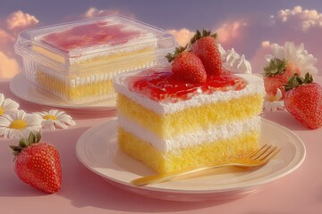 Delicious layered sponge cake with whipped cream strawberry topping and fresh strawberries on a white plate with daisies