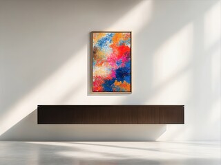 Modern Floating Shelf with Colorful Abstract Painting in Sunlight