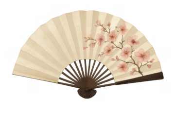 Traditional japanese folding fan displaying intricate pink sakura pattern, resting on transparent surface with elegant decorative details
