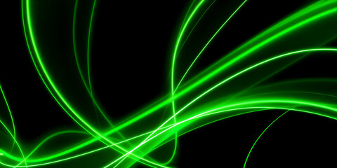 Dark abstract background with green neon glowing lines. Bold neon green light trails on a dark surface, creating a striking and futuristic effect. Perfect for tech, digital design themes