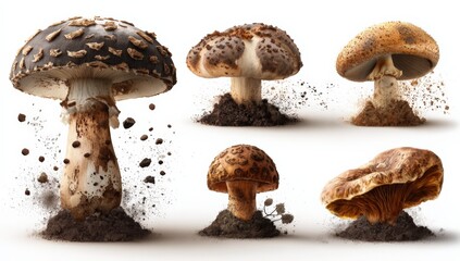 Array of five different wild mushrooms with varying shapes colors and textures growing in soil on white background