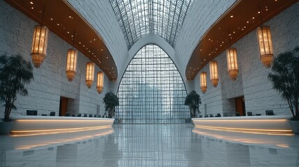 Obraz premium Elegant Modern Lobby Interior with White Stone Walls and Intricate Lattice Doorway