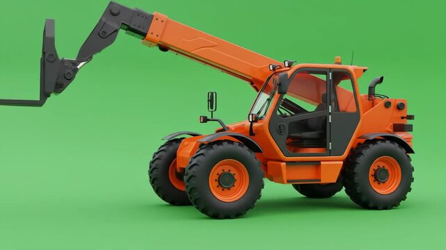 chroma key green background of an orange telehandler with pallet forks