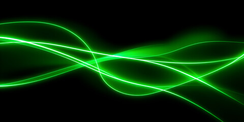 Dark abstract background with green neon glowing lines. Bold neon green light trails on a dark...