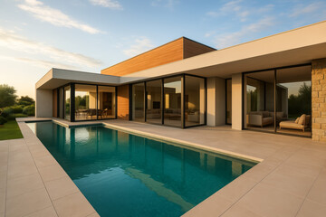 Fototapeta premium Modern architectural house with pool in serene landscape setting
