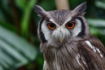 Obraz premium Close-up of a detailed and vibrant owl with piercing orange eyes and intricate feather patterns, set against lush green foliage background