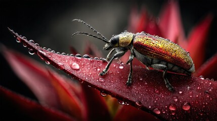 Fototapeta premium Close-up of a colorful beetle with metallic gold and red hues on a dewy red plant stem with water droplets and blurred background