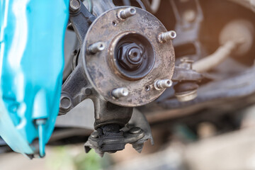 Car automobile warranty and service concept, Close up Front ball joint of car is damaged from use...