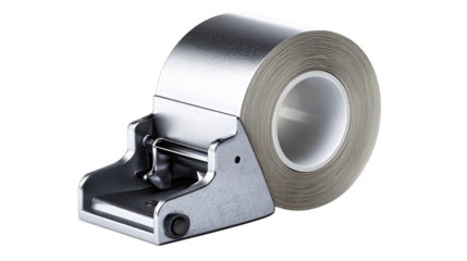 A brushed metal tape dispenser variant 6364, white background --ar 16:9