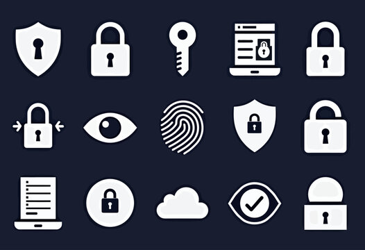 High-contrast cybersecurity icons with solid white fills on a dark background, featuring padlocks, keys, and shield, ideal for secure digital protection and tech branding.
