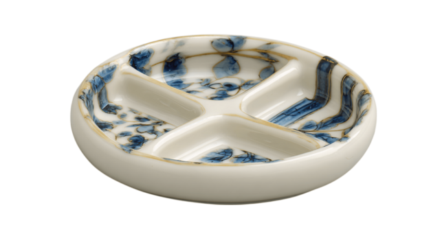 A ceramic condiment dish with dividers variant 6512, white background --ar 16:9