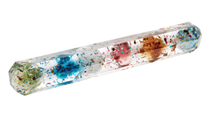 A clear resin pen holder with fleck details variant 3659, white background --ar 16:9