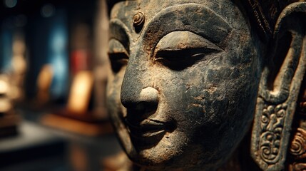 Intricately carved ancient stone Buddha head sculpture highlighting detailed facial features and ornate decorations with a blurred background