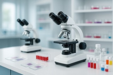 Pathology Lab Details Microscopes Test Tubes in Scientific Research Laboratory With White Background for Medical Analysis