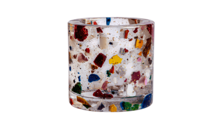 A clear resin pen holder with fleck details variant 5110, white background --ar 16:9