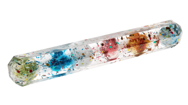 A clear resin pen holder with fleck details variant 3659, white background --ar 16:9