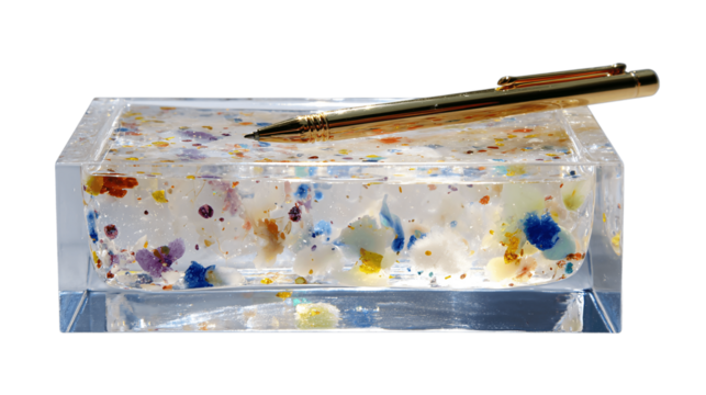 A clear resin pen holder with fleck details variant 6957, white background --ar 16:9