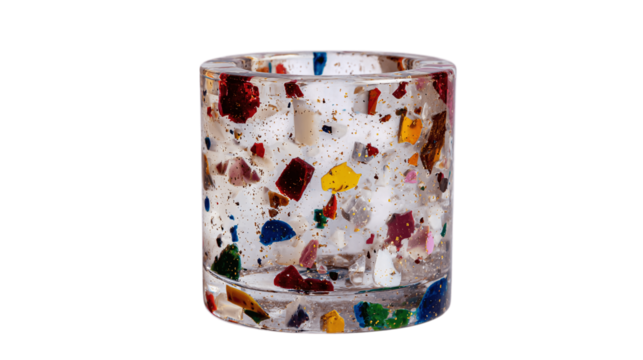 A clear resin pen holder with fleck details variant 5110, white background --ar 16:9