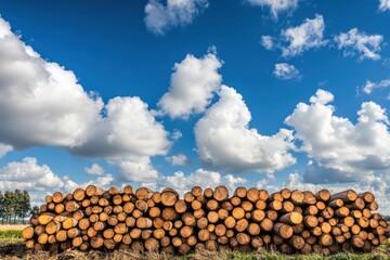 Stacked Timber Logs Under Bright Blue Sky