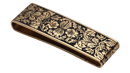 A engraved brass money clip in satin box variant 4849, white background --ar 16:9