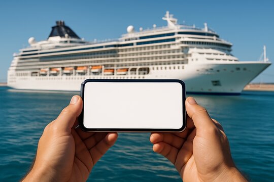  Photorealistic horizontal image of a person holding a smartphone with blank white screen in front of a docked cruise ship. Bright daylight with clear sky and detailed ship background. - Powered by Adobe