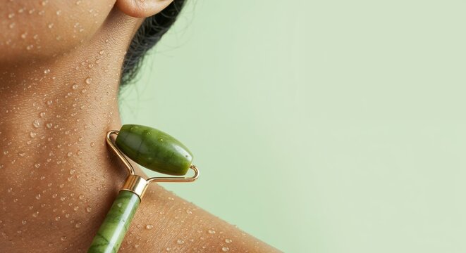 Close-up of a person using a jade roller for skincare.