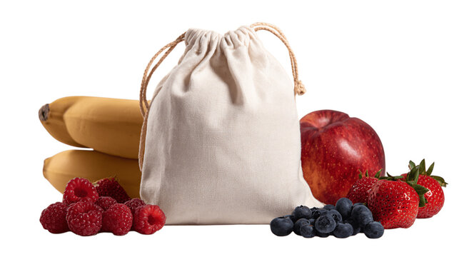 A eco-cotton drawstring produce bag variant 2918, white background --ar 16:9