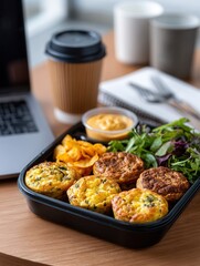 A nutritious office lunch featuring mini quiches, salad, and chips, perfect for a productive workday. Ideal for health-conscious professionals.