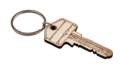 A etched wood key tag with ring variant 8298, white background --ar 16:9