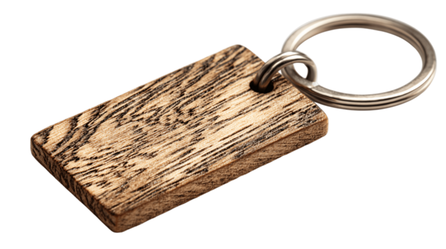 A etched wood key tag with ring variant 4811, white background --ar 16:9