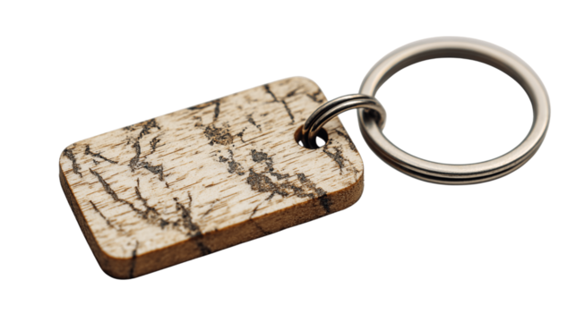 A etched wood key tag with ring variant 2134, white background --ar 16:9